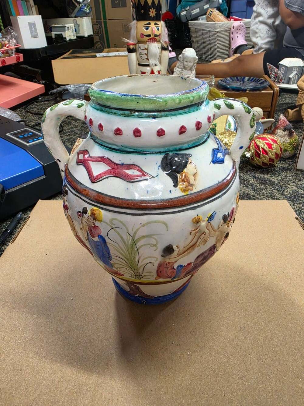 Vintage Italian Hand-Painted Majolica Pottery Urn